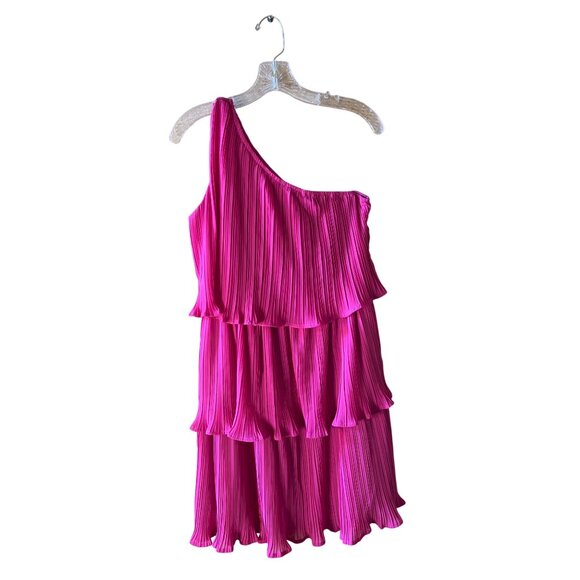 One-Shoulder Pleated Tiered Mini Dress Pink Size M - Picture 1 of 6